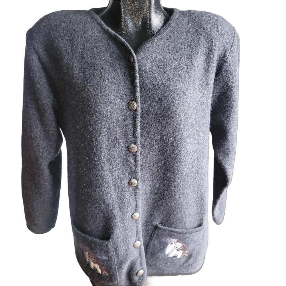 Vintage 90's Button-Up 100% Wool Blue/Grey Sweater with Embroidered Pockets M